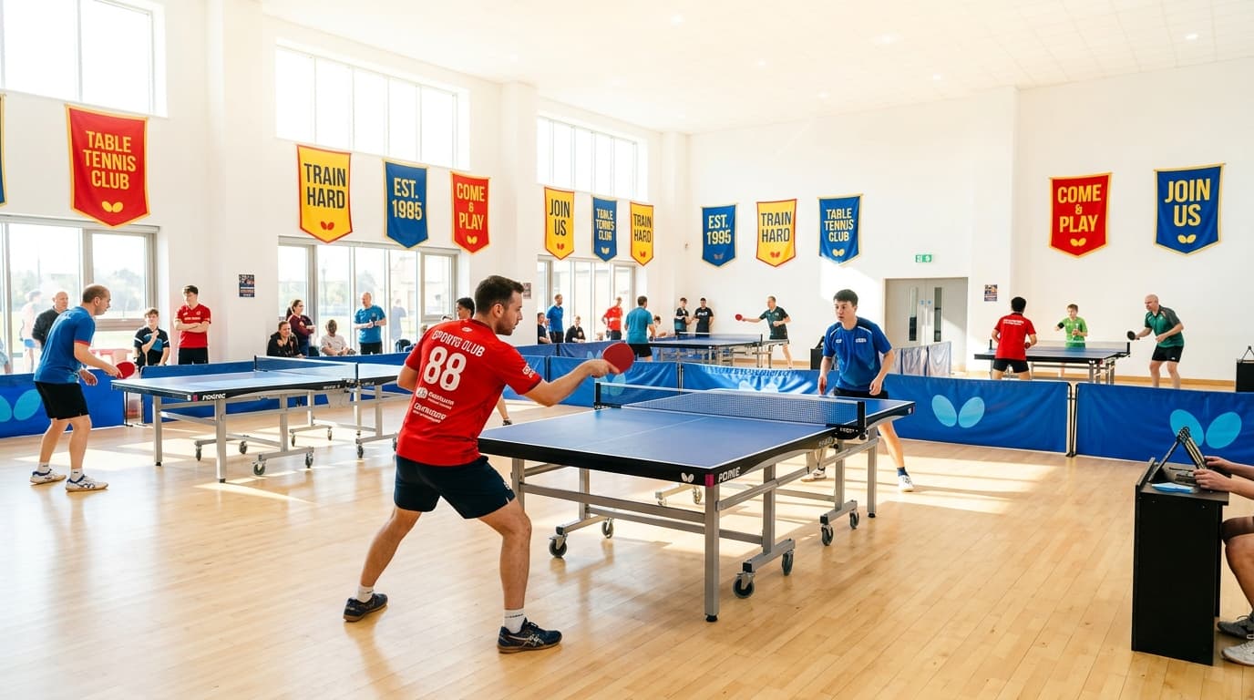 Spieler beim Aufschlag in der hellen Halle am Campus Moosburg