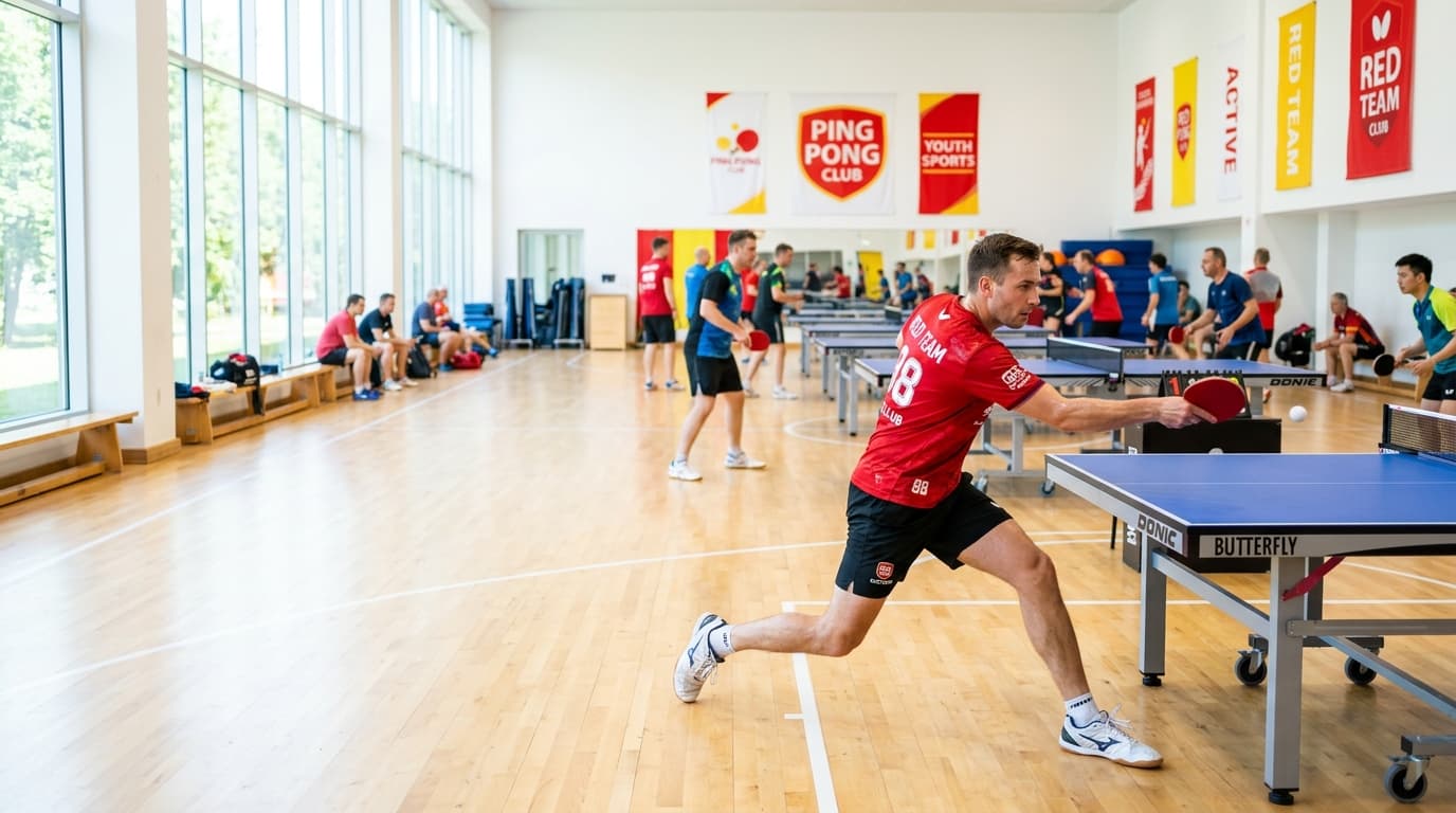 Tischtennis-Spieler im Topspin in der Halle am Campus Moosburg